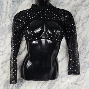 Dolls Kill Black Sheer Mesh Silver Dot Triangle Top and Shrug Rave Set